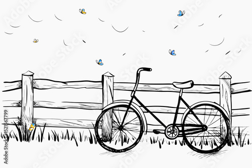 Vintage bicycle standing beside wooden fence in grassy meadow  