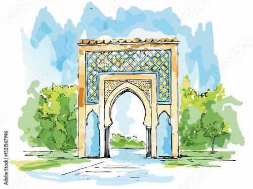 Illustration of a rich souvenir Moroccan arch on a green background