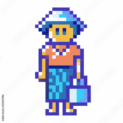 Pixel art character in blue hat and orange shirt, retro design