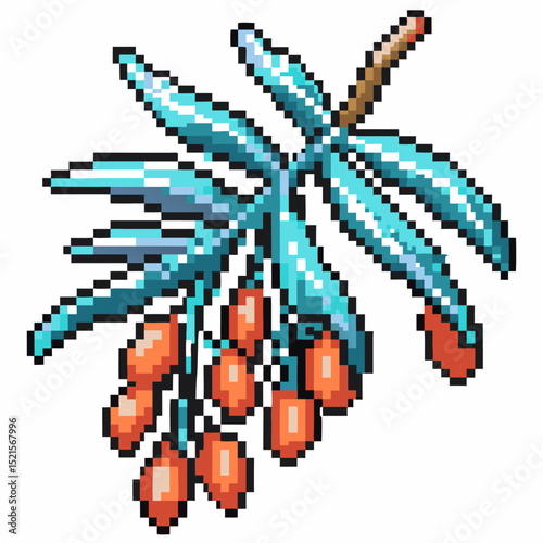 pixel art sea buckthorn branch with green leaves and orange berries retro digital plant illustration