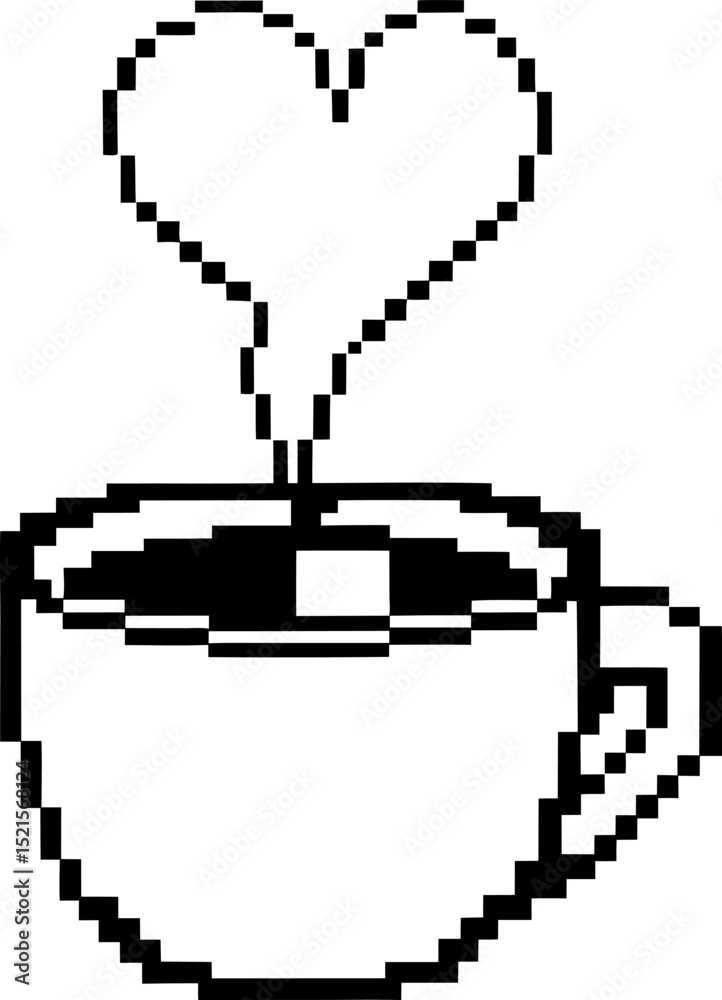 Fototapeta premium Pixel art coffee cup with heart shaped steam, simple black and white design, retro digital