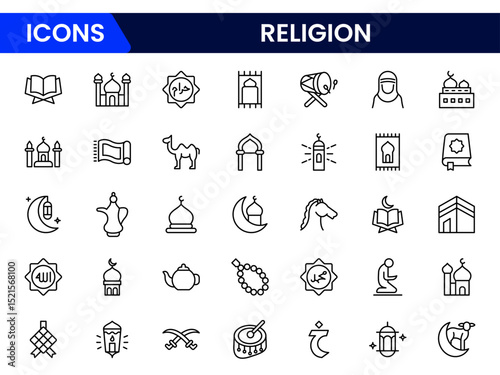 Sacred vector web line icons depicting religious symbols, faith, spirituality, worship, and diverse cultural beliefs with reverence.
