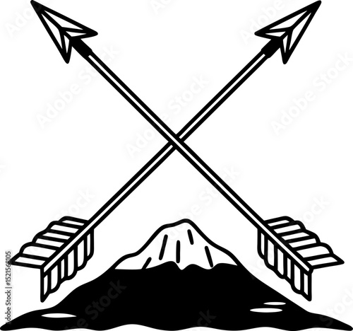 Crossed arrows over mountain symbol of strength, adventure, exploration in bold black and white design