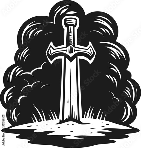 legendary sword in stone illustration iconic medieval weapon mystical artifact in nature setting, fantasy concept