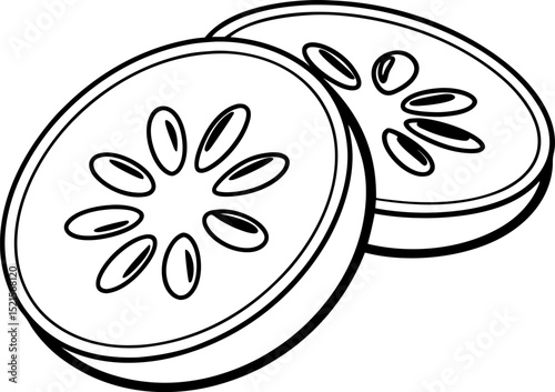 Outline drawing of two cucumber slices, seed patterns in circular shape