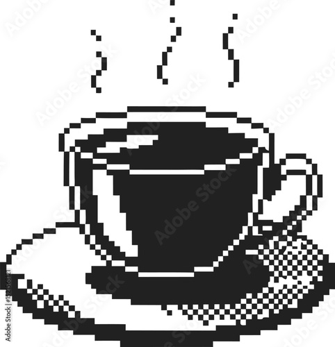 Pixel art coffee cup steaming hot drink on saucer, black and white retro