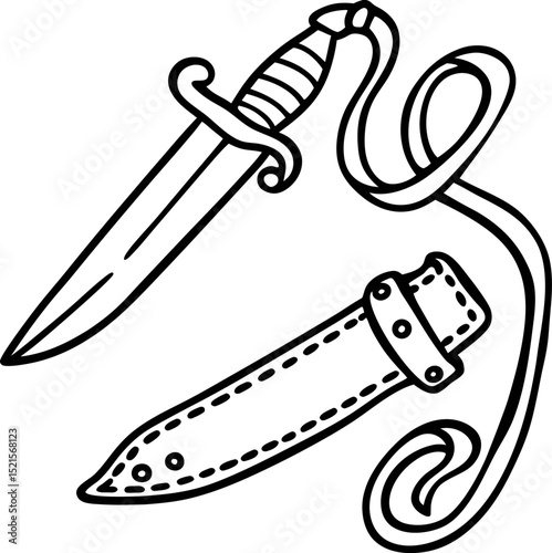 Outline of a dagger and sheath with rope sharp edge, weapon design, black and white