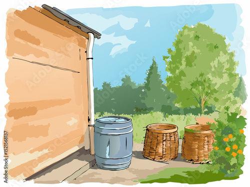 Rainwater barrel beside wooden wall with wicker baskets in garden  