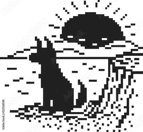 Pixel art dog sitting by sunset beach, retro digital ocean scene
