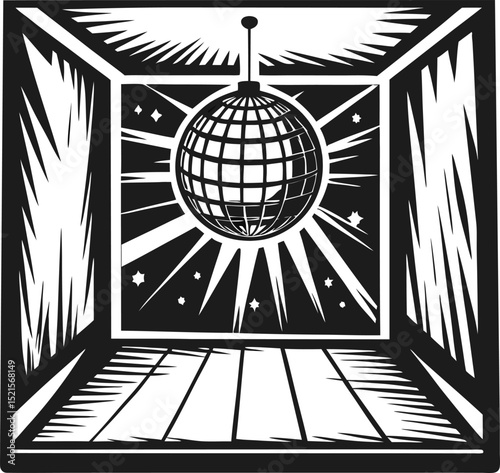 disco ball in wooden box retro party atmosphere, shining mirror sphere reflecting light creating vintage dance vibes