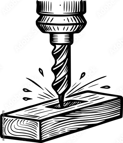 Wood drill bit engraving hand drawn rotary tool drilling plank for woodworking and carpentry illustration