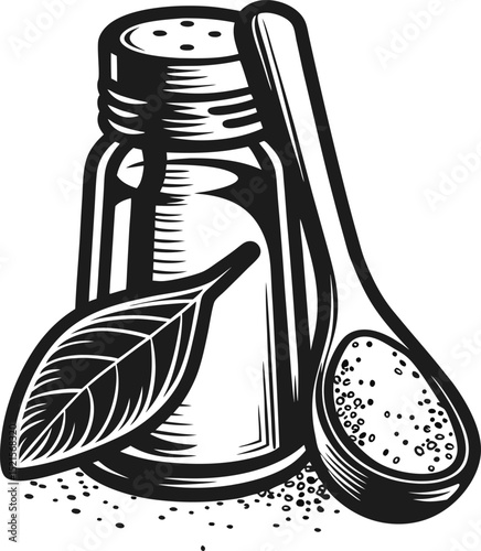 vintage salt shaker with leaf and spoon illustration black and white culinary kitchen spice art