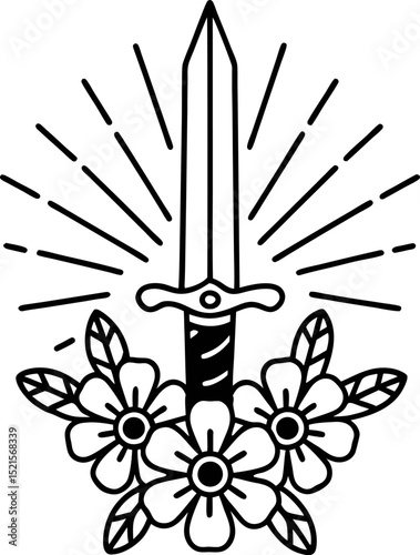 Sword with floral decoration and radiant design, symbolizing strength and beauty