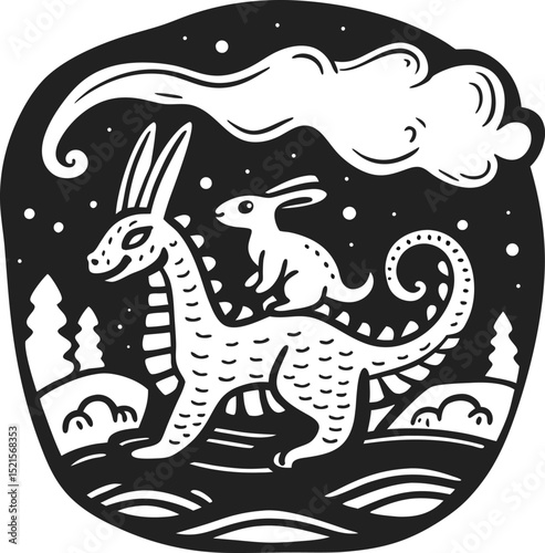 fantastical creature and rabbit under night sky whimsical black and white illustration with mythical elements