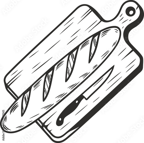 rustic breadboard with freshly baked baguette and knife illustration vintage cuisine, bakery icon