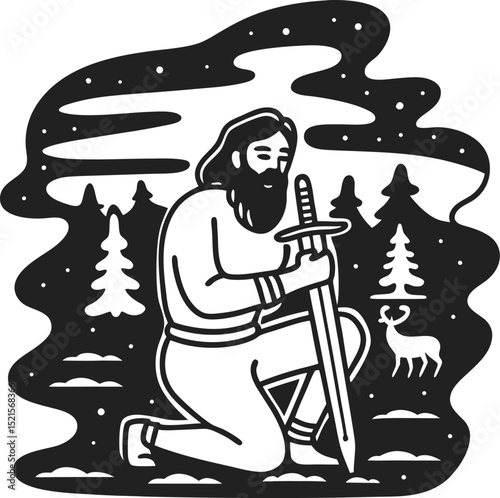 knight kneeling with sword in forest scene mystical medieval illustration, snow, stars, deer silhouette