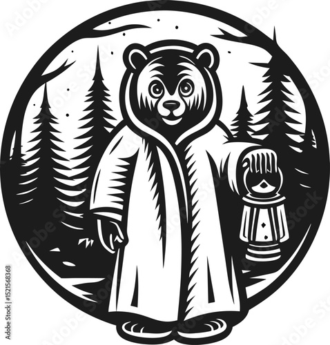 hooded bear holding lantern in forest black and white woodland illustration, night scene with trees and stars