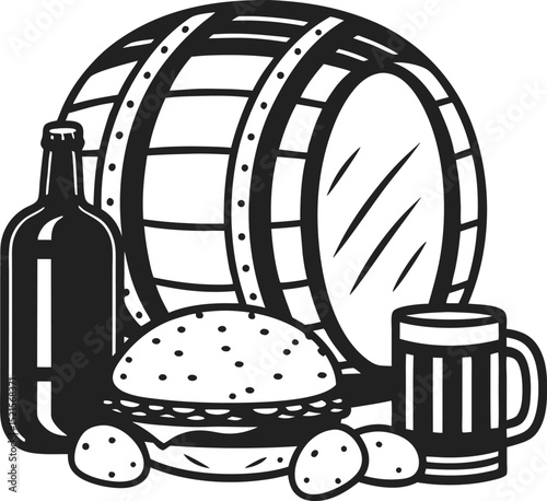 beer barrel with bottle, mug, and bread rustic pub elements, traditional brewery illustration