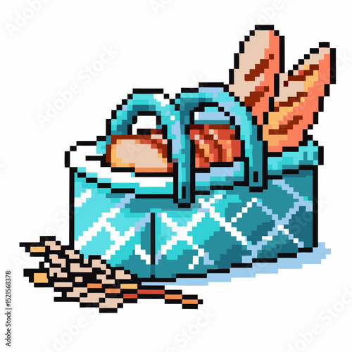 pixel art wicker basket with baguettes and wheat stalks retro digital illustration, vintage, food scene