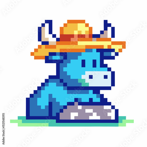 Pixel art blue cow with orange hat, sitting on grass retro video game, playful animal, digital illustration