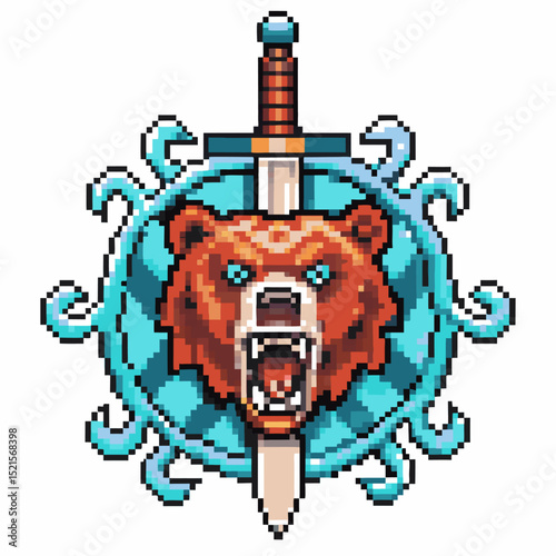 Fierce bear emblem with sword and blue design in pixel art
