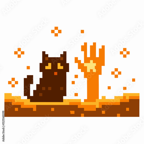 pixel art cat and hand with stars retro digital style, vibrant orange hues