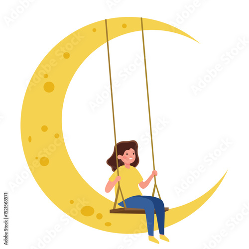 A teenager sitting on a swing suspended from the crescent and swings 