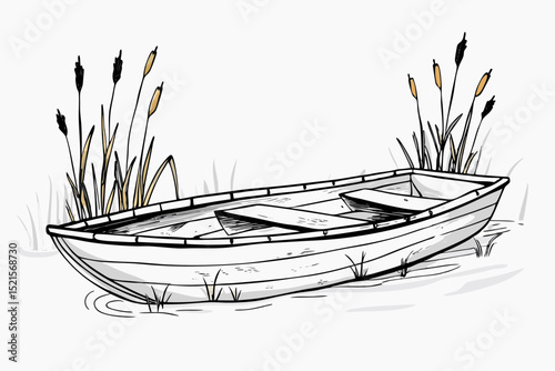 Hand-drawn wooden boat surrounded by reeds in a calm water scene  