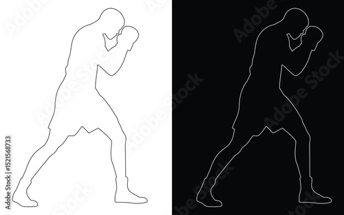 Outline boxer icon set showing punching stance and combat athlete in vector illustration