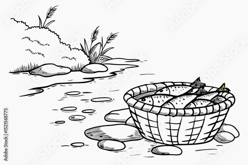 Fish basket resting by the river with stones and foliage  