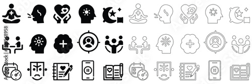 Mixed healthcare and meditation icon set including solid and outline medical 