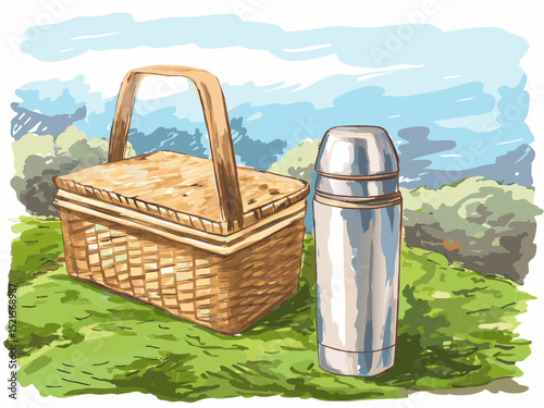 Woven picnic basket and stainless steel thermos on grassy hillside  