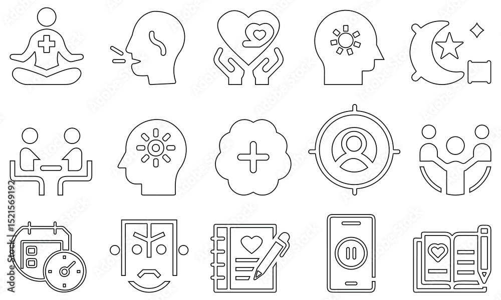 Obraz premium Outline wellness and healthcare icons featuring meditation, mental health, and medical care