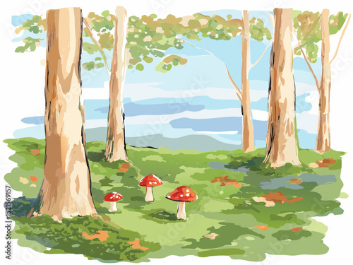 Colorful mushrooms growing in a forest clearing under tall trees  