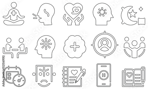 Outline wellness and healthcare icons featuring meditation, mental health, and medical care