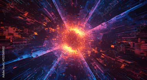 Abstract Digital Art Glowing Energy Tunnel,  Vibrant Colors, Futuristic Design