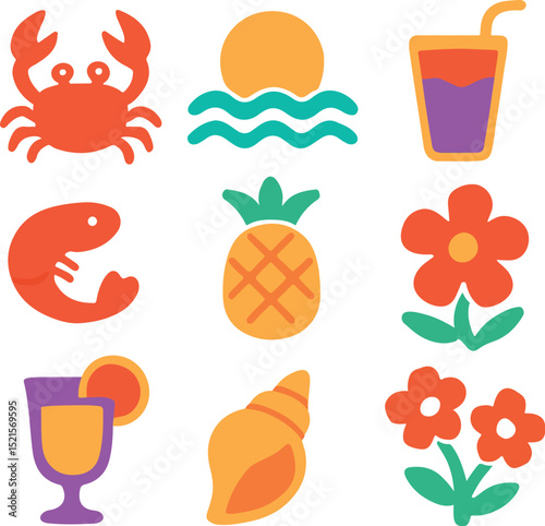 Vector simple minimal illustrations in bright bold colors, simple wavy and groovy doodle naive style, simple hand drawn design templates for prints, summer vacation and travel