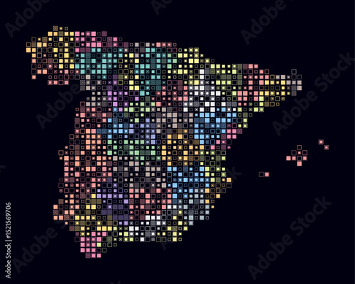 Spain, shape of the country build of colored cells. Digital style map of the Spain on dark background. Small size square blocks. Plain vector illustration.