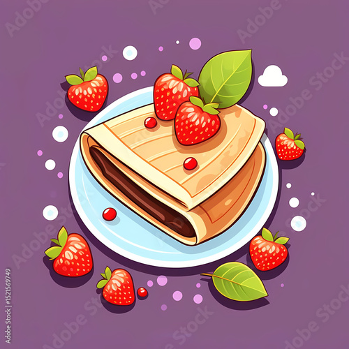 cute cartoon sticker art design of a strawberry chocolate French crepe desert on a sky blue plate, with strawberries all around