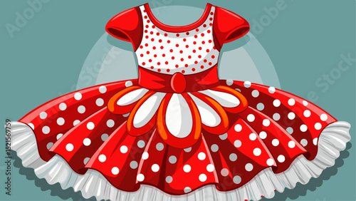 White and red polka dot bodice combined with a red tulle skirt, highlighted in a close-up. A playful yet dressy outfit that suits festive vector compositions with a childlike touch.