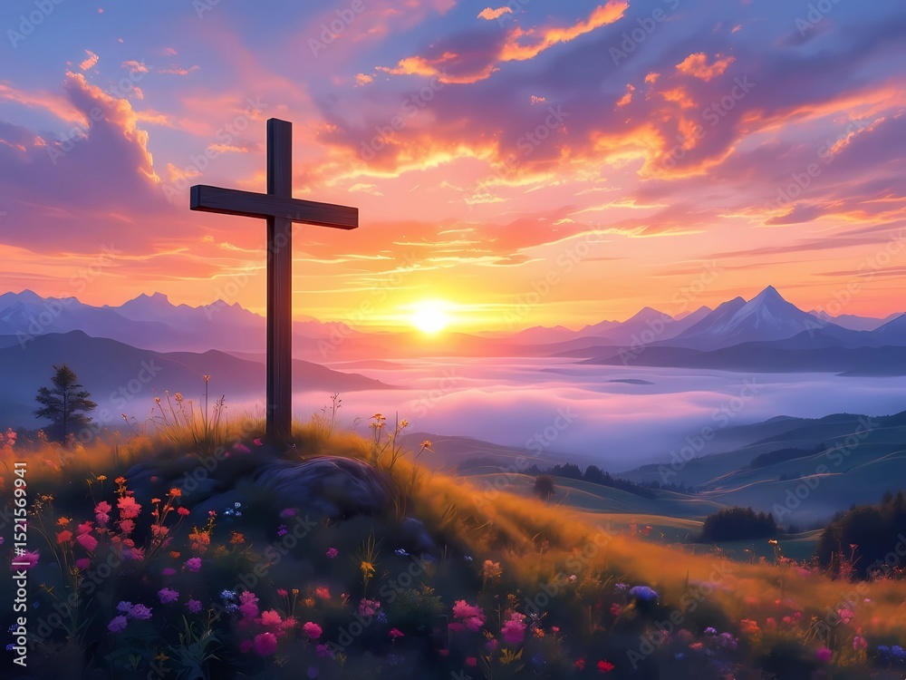 Obraz premium A solemn cross atop a vibrant, wildflower-filled hill, overlooking a misty valley at sunset with mountains in the background.