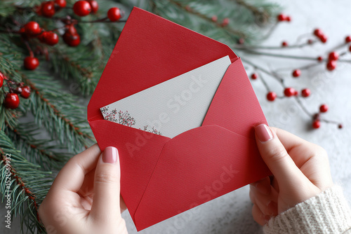 A red envelope held in delicate hands reveals a beautiful card nestled inside, set against a backdrop of festive pine branches and bright berries.