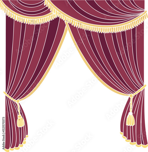 Elegant Full Length Red Velvet Stage Curtains with Gold Accents and Scalloped Top  Dramatic Theatrical Drapes on Transparent Gray Purple Gradient