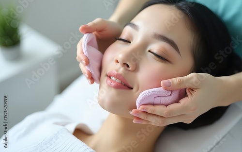 Asian woman receiving Assistant apply cold compresses to her face. Facial beauty injection procedure, A professional anti-aging beauty treatment in aesthetic clinic. High quality