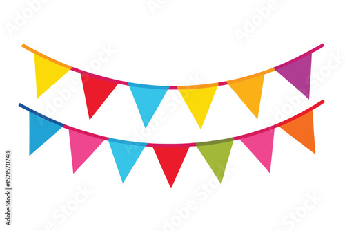 Two strands of colorful triangular party flags hanging on a white wall