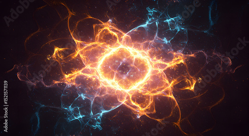 Abstract fiery and icy energy vortex, swirling plasma, fiery ring, energy burst, glowing nebula