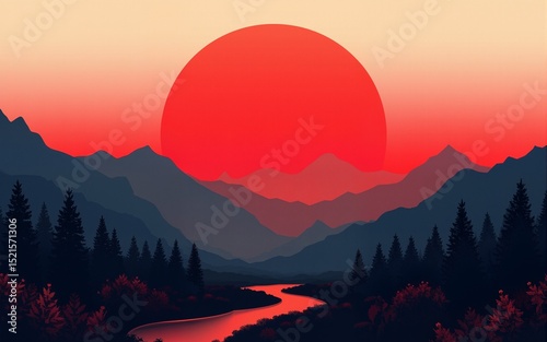Abstract Red Sun Rising Over Mountainscape Artwork. High quality