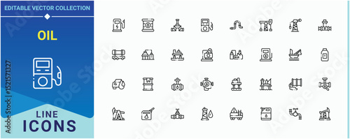 Oil related icon set. It contains symbols to fuel, power, gas, refinery, petroleum and more. Gas and oil icon collection. Set of line pictogram. Vector illustration.