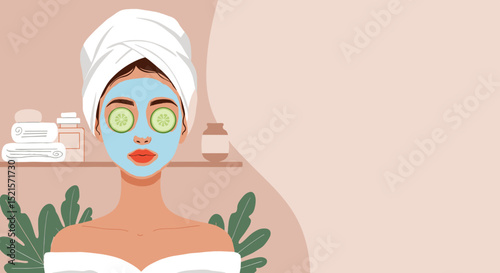 Young woman applying face mask with cucumber slices at home, suitable for beauty bloggers, about home cosmetics and skin care, rejuvenation recipes