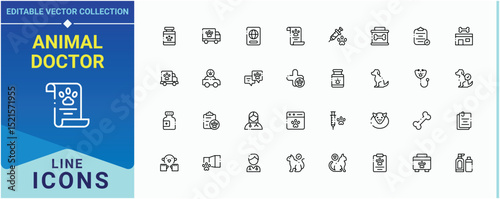 Animal Doctor icon set. It contains symbols to pharmacy, vaccine, veterinary, animal, animal care and more. Pet Vet icon pack. Thin icons set. Editable stroke. Pixel Perfect.